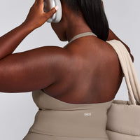 SoftMotion™ Halter Neck Mid Tank Top with Built in Bra Shelf with Gray Logo | Minky