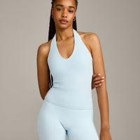 SoftMotion™ Halter Neck Tank Top with Built in Bra Shelf with Gray Logo | Cloud Blue