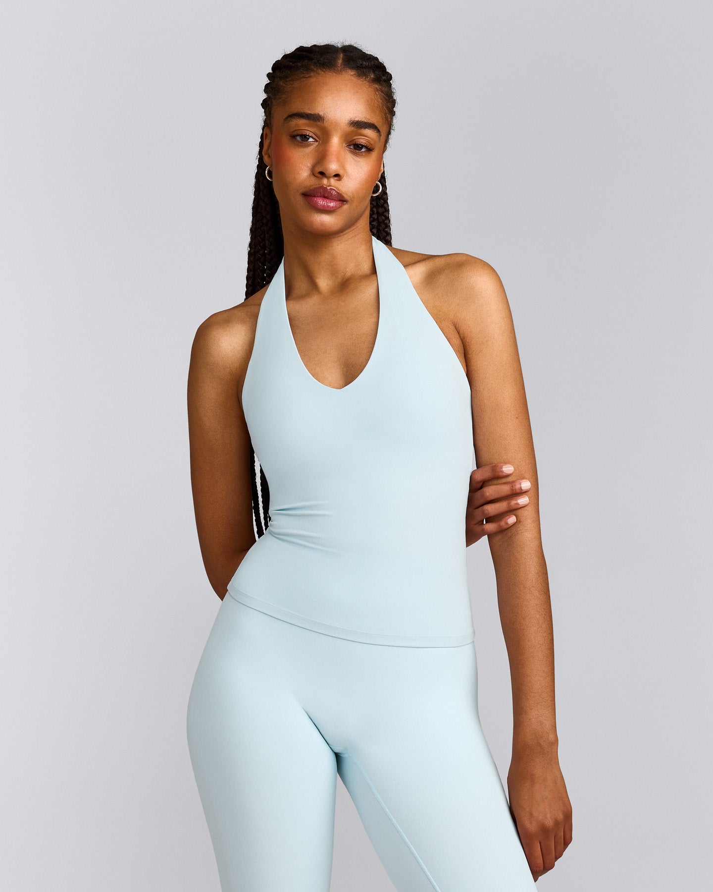 SoftMotion™ Halter Neck Tank Top with Built in Bra Shelf with Gray Logo | Cloud Blue
