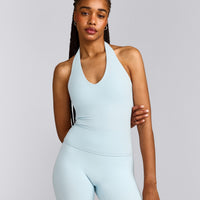 SoftMotion™ Halter Neck Tank Top with Built in Bra Shelf with Gray Logo | Cloud Blue