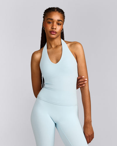 SoftMotion™ Halter Neck Tank Top with Built in Bra Shelf with Gray Logo | Cloud Blue