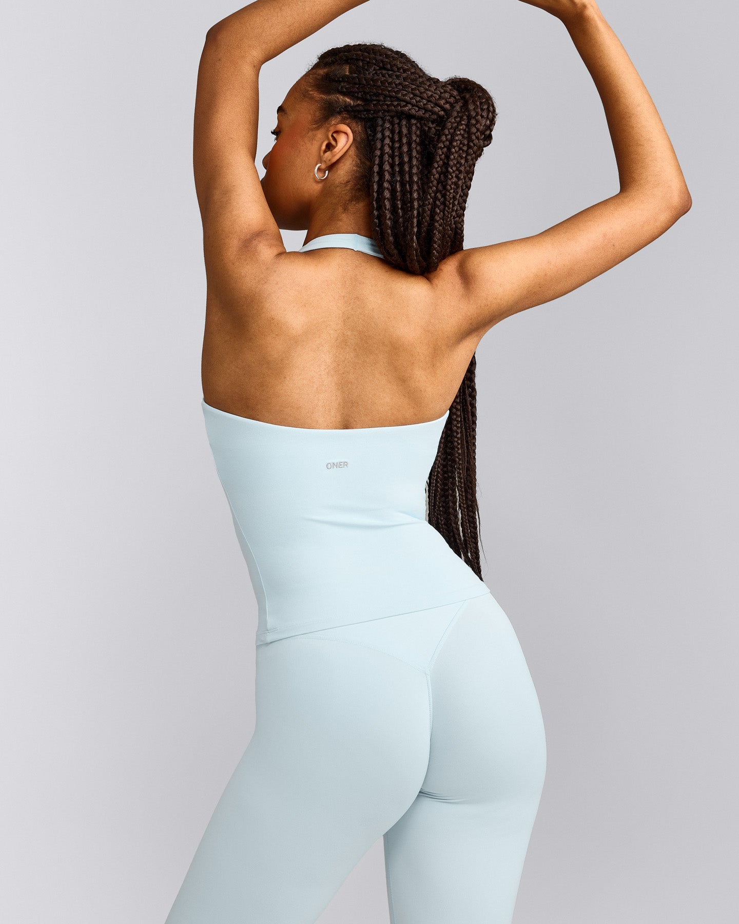 SoftMotion™ Halter Neck Tank Top with Built in Bra Shelf with Gray Logo | Cloud Blue