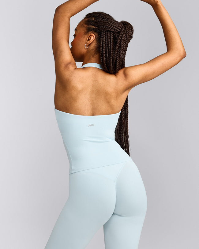 SoftMotion™ Halter Neck Tank Top with Built in Bra Shelf with Gray Logo | Cloud Blue