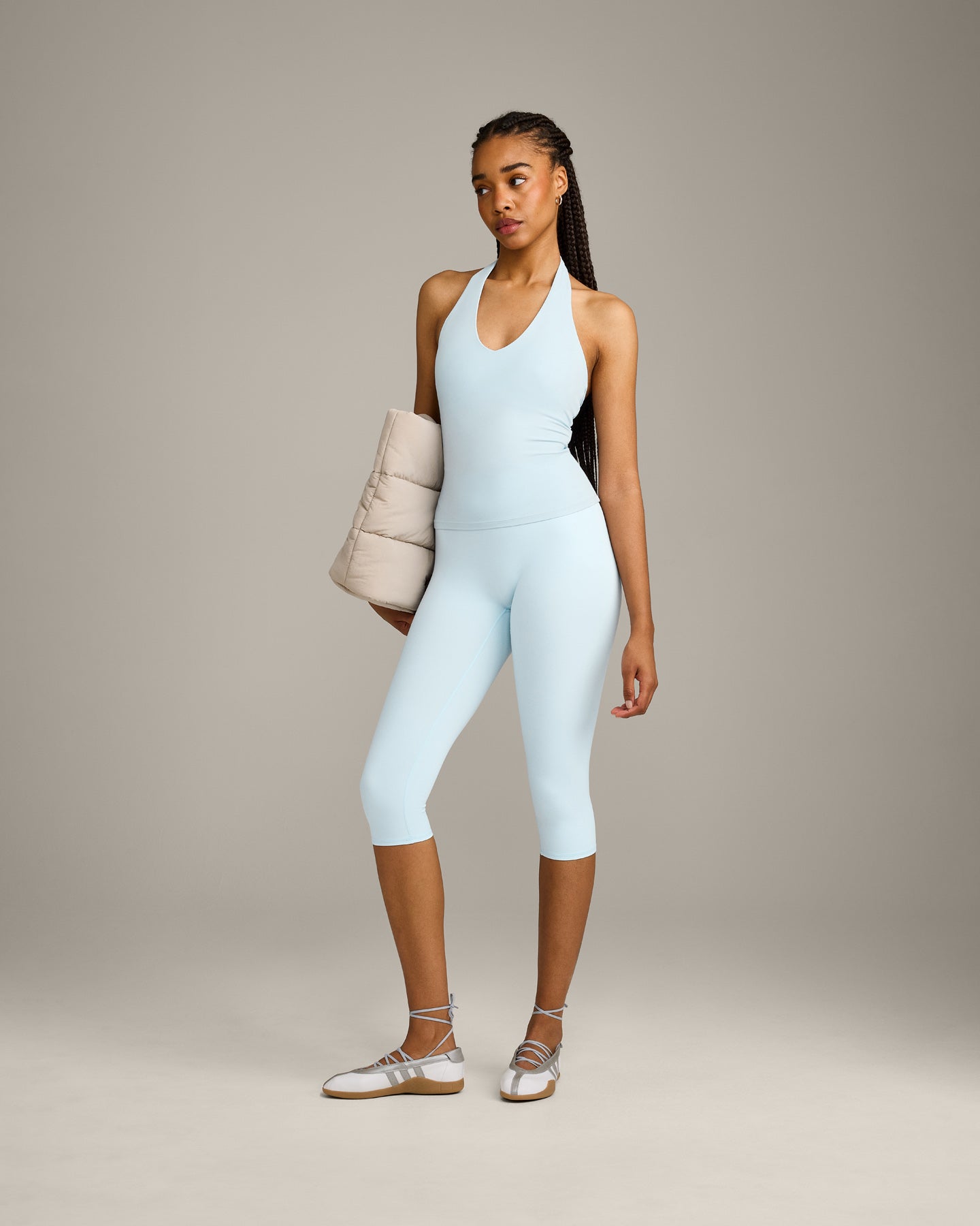 SoftMotion™ Halter Neck Tank Top with Built in Bra Shelf with Gray Logo | Cloud Blue
