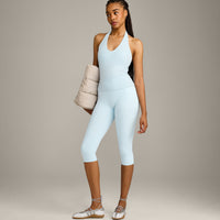 SoftMotion™ Halter Neck Tank Top with Built in Bra Shelf with Gray Logo | Cloud Blue