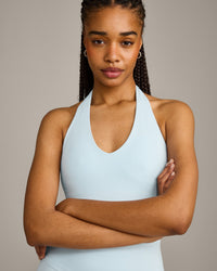 SoftMotion™ Halter Neck Tank Top with Built in Bra Shelf with Gray Logo | Cloud Blue