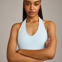 SoftMotion™ Halter Neck Tank Top with Built in Bra Shelf with Gray Logo | Cloud Blue