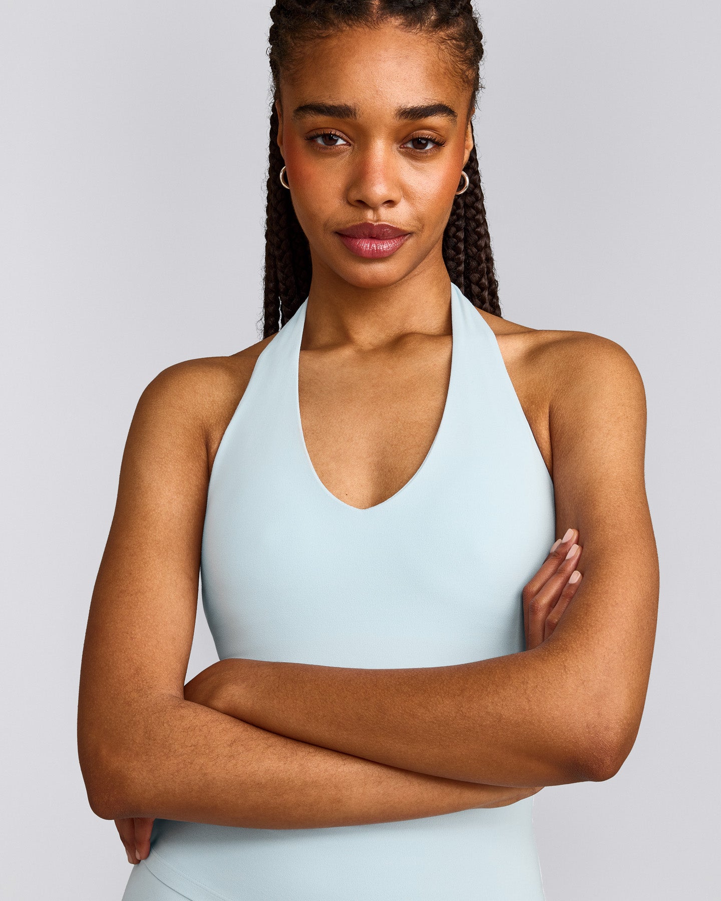 SoftMotion™ Halter Neck Tank Top with Built in Bra Shelf with Gray Logo | Cloud Blue