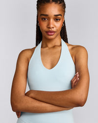SoftMotion™ Halter Neck Tank Top with Built in Bra Shelf with Gray Logo | Cloud Blue