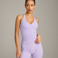 SoftMotion™ Halter Neck Tank Top with Built in Bra Shelf with Gray Logo | Lavender Purple