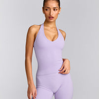 SoftMotion™ Halter Neck Tank Top with Built in Bra Shelf with Gray Logo | Lavender Purple