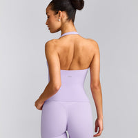 SoftMotion™ Halter Neck Tank Top with Built in Bra Shelf with Gray Logo | Lavender Purple