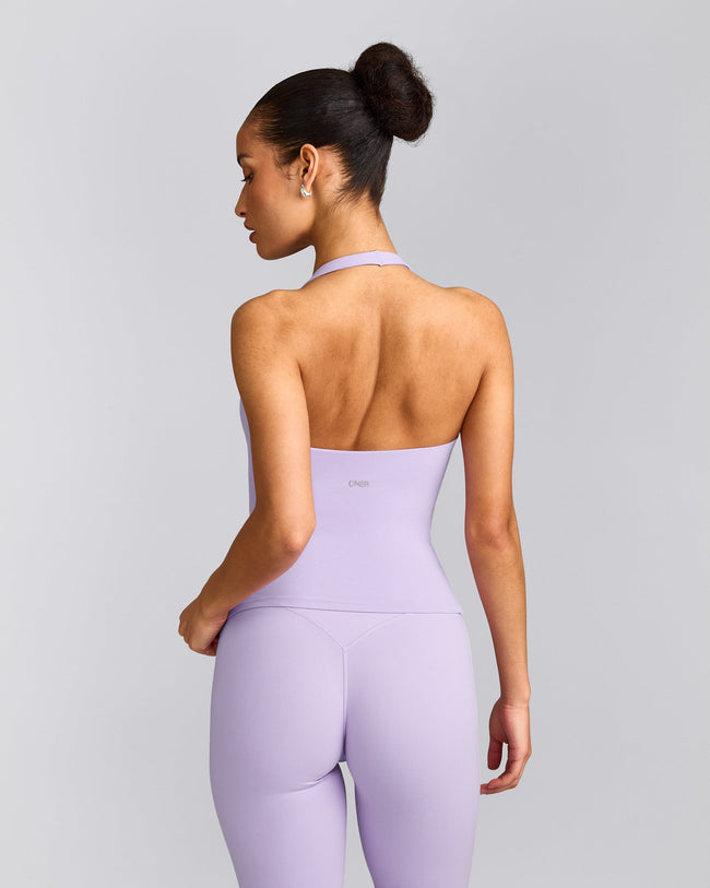 SoftMotion™ Halter Neck Tank Top with Built in Bra Shelf with Gray Logo | Lavender Purple