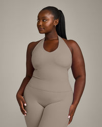 SoftMotion™ Halter Neck Tank Top with Built in Bra Shelf with Gray Logo | Minky