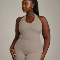 SoftMotion™ Halter Neck Tank Top with Built in Bra Shelf with Gray Logo | Minky