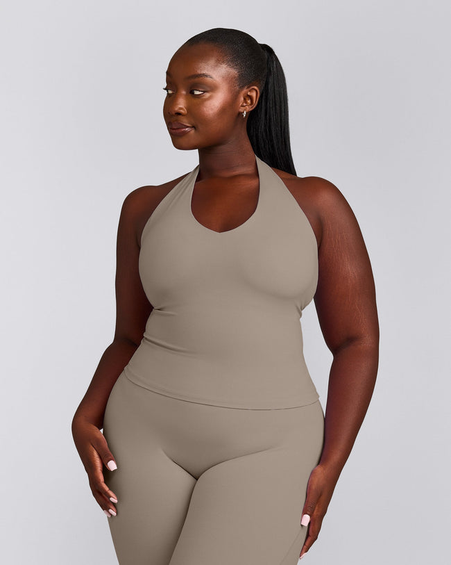 SoftMotion™ Halter Neck Tank Top with Built in Bra Shelf with Gray Logo | Minky