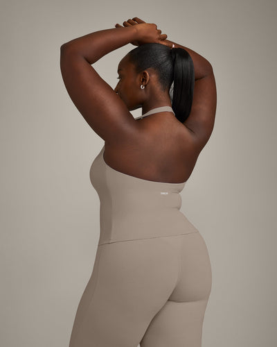 SoftMotion™ Halter Neck Tank Top with Built in Bra Shelf with Gray Logo | Minky