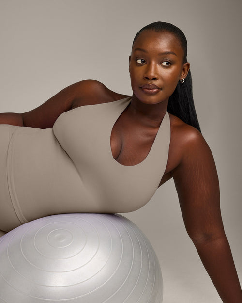 SoftMotion™ Halter Neck Tank Top with Built in Bra Shelf with Gray Logo | Minky