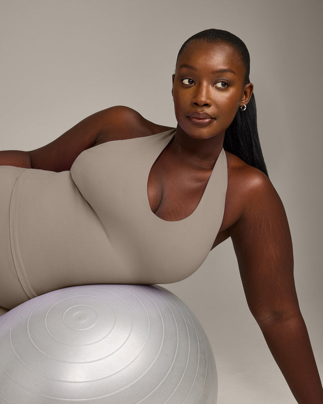 SoftMotion™ Halter Neck Tank Top with Built in Bra Shelf with Gray Logo | Minky