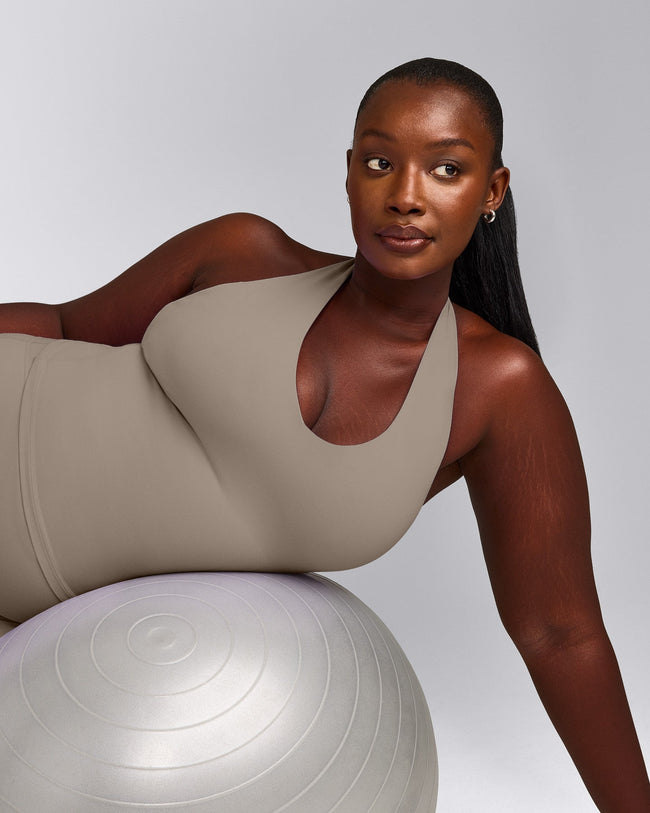 SoftMotion™ Halter Neck Tank Top with Built in Bra Shelf with Gray Logo | Minky