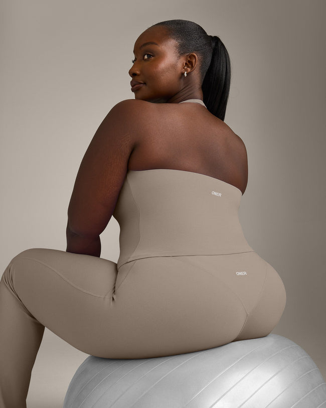SoftMotion™ Halter Neck Tank Top with Built in Bra Shelf with Gray Logo | Minky