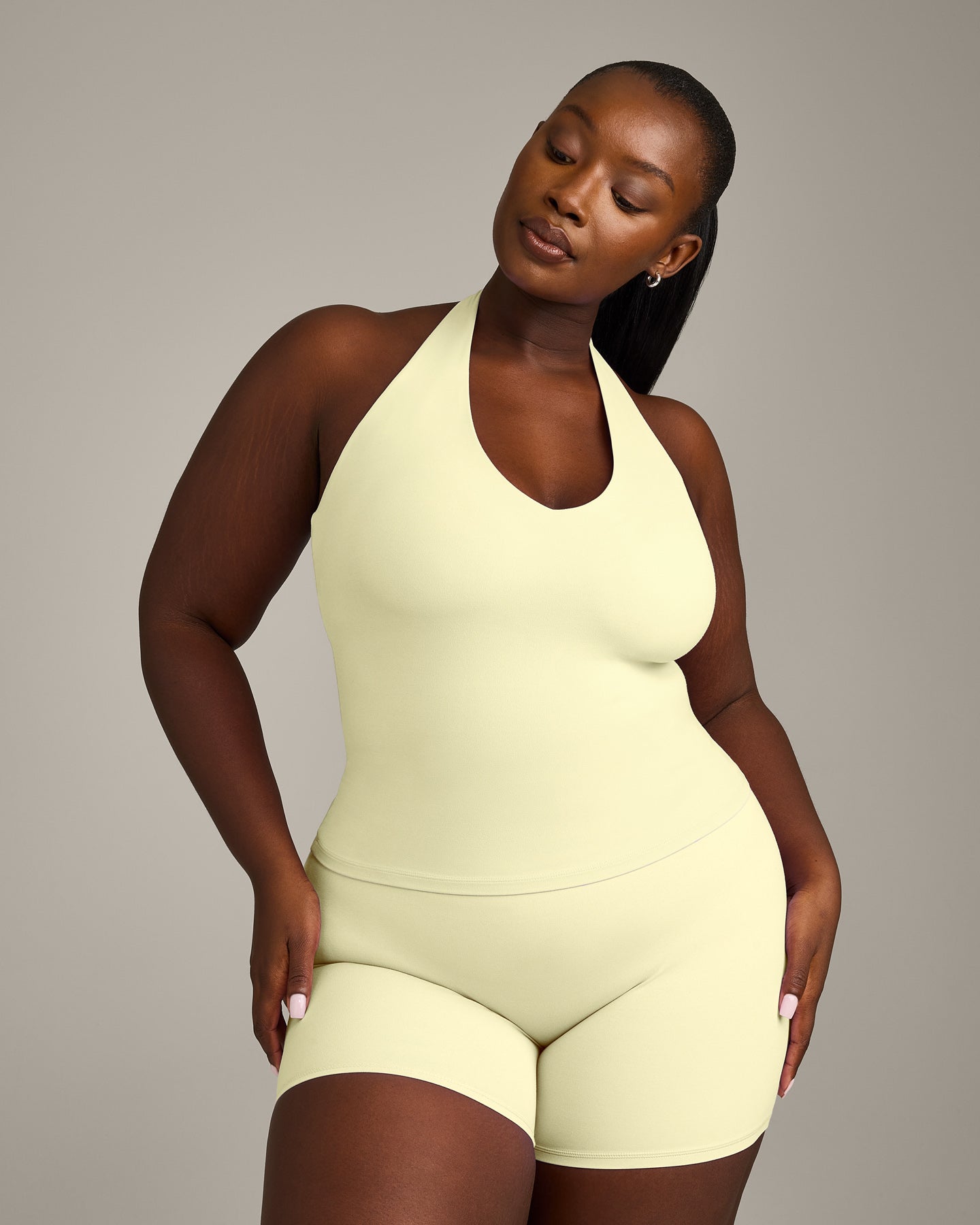 SoftMotion™ Halter Neck Tank Top with Built in Bra Shelf with Gray Logo | Pastel Yellow