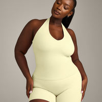SoftMotion™ Halter Neck Tank Top with Built in Bra Shelf with Gray Logo | Pastel Yellow