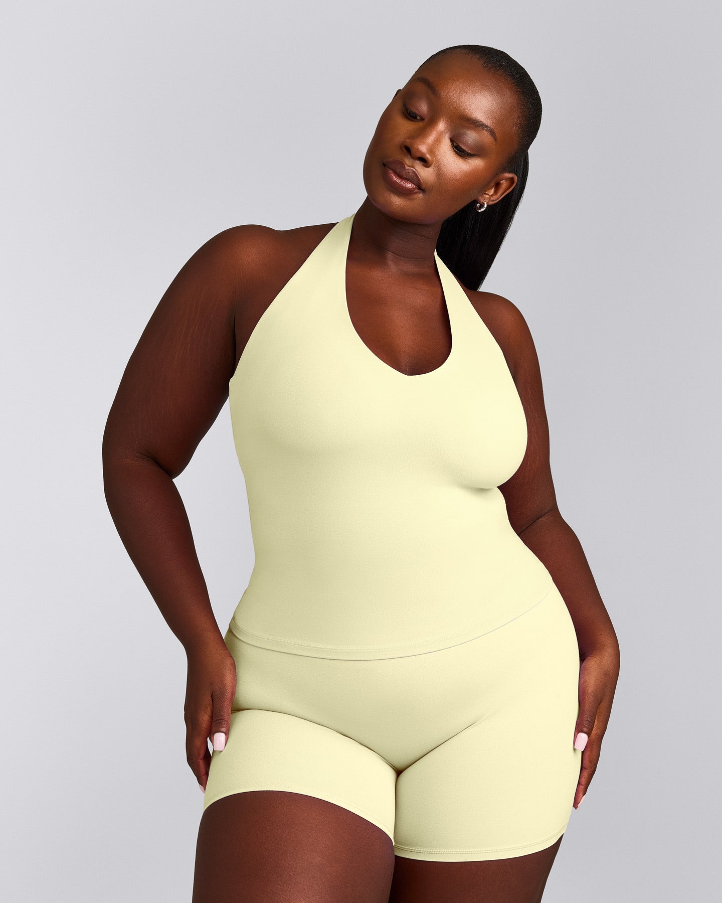 SoftMotion™ Halter Neck Tank Top with Built in Bra Shelf with Gray Logo | Pastel Yellow