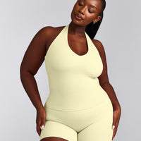 SoftMotion™ Halter Neck Tank Top with Built in Bra Shelf with Gray Logo | Pastel Yellow
