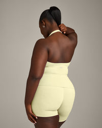 SoftMotion™ Halter Neck Tank Top with Built in Bra Shelf with Gray Logo | Pastel Yellow
