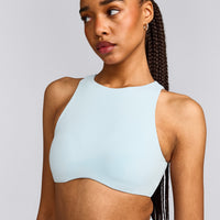 SoftMotion™ High Neck Sports Bra with Gray Logo | Cloud Blue