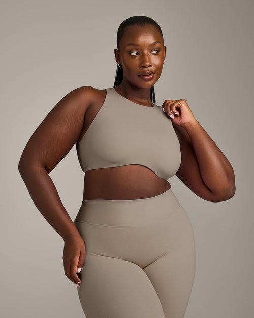 SoftMotion™ High Neck Sports Bra with Gray Logo | Minky