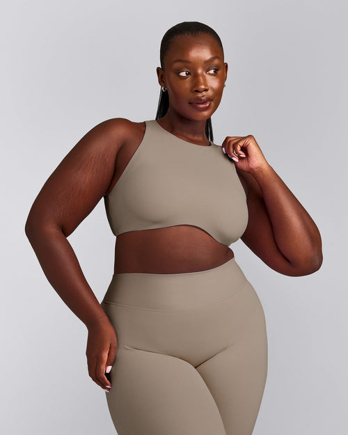 SoftMotion™ High Neck Sports Bra with Gray Logo | Minky