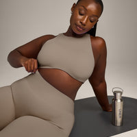 SoftMotion™ High Neck Sports Bra with Gray Logo | Minky