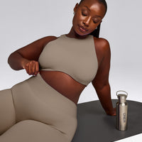 SoftMotion™ High Neck Sports Bra with Gray Logo | Minky