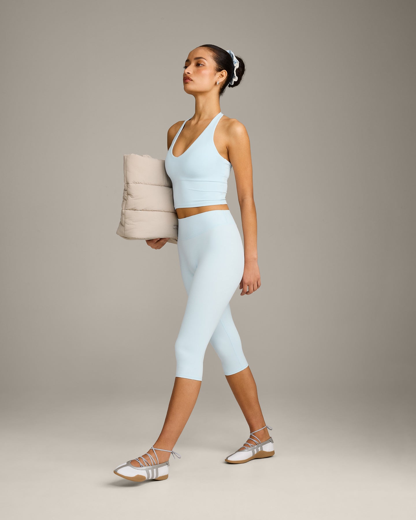 SoftMotion™ High Waisted Capri Leggings with Gray Logo | Cloud Blue