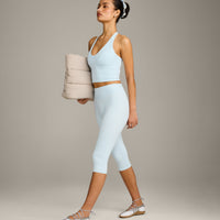 SoftMotion™ High Waisted Capri Leggings with Gray Logo | Cloud Blue
