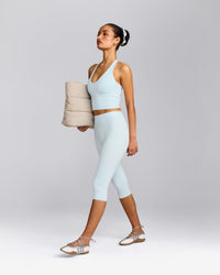 SoftMotion™ High Waisted Capri Leggings with Gray Logo | Cloud Blue