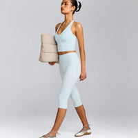 SoftMotion™ High Waisted Capri Leggings with Gray Logo | Cloud Blue