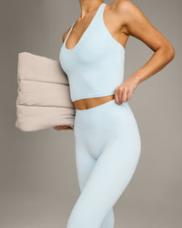 SoftMotion™ High Waisted Capri Leggings with Gray Logo | Cloud Blue