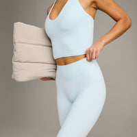 SoftMotion™ High Waisted Capri Leggings with Gray Logo | Cloud Blue