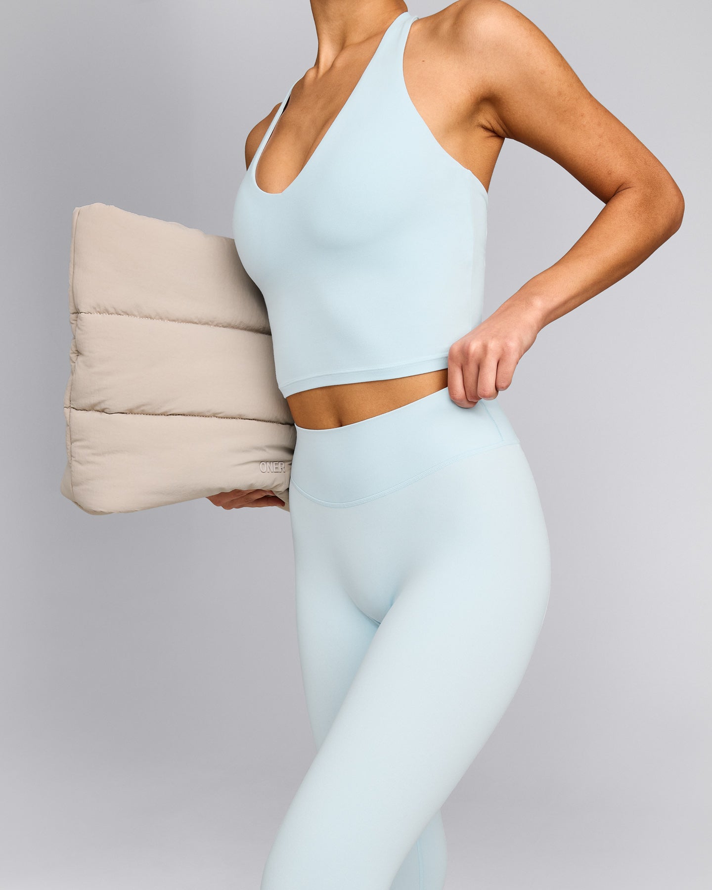 SoftMotion™ High Waisted Capri Leggings with Gray Logo | Cloud Blue