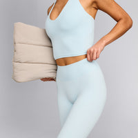 SoftMotion™ High Waisted Capri Leggings with Gray Logo | Cloud Blue