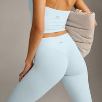 SoftMotion™ High Waisted Capri Leggings with Gray Logo | Cloud Blue