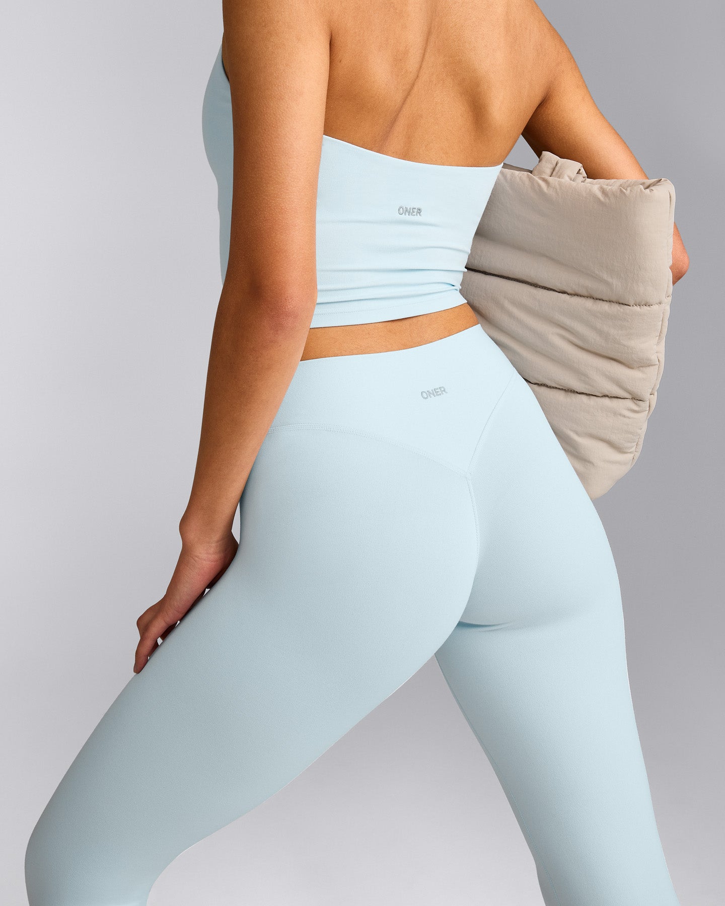 SoftMotion™ High Waisted Capri Leggings with Gray Logo | Cloud Blue