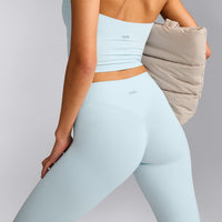 SoftMotion™ High Waisted Capri Leggings with Gray Logo | Cloud Blue