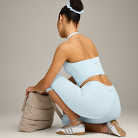 SoftMotion™ High Waisted Capri Leggings with Gray Logo | Cloud Blue