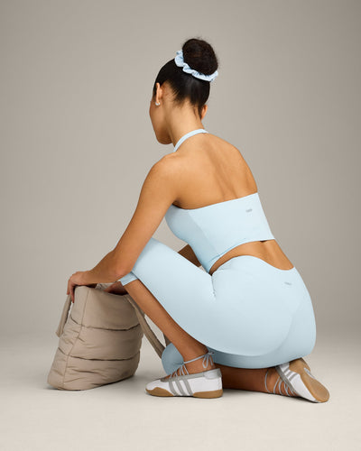 SoftMotion™ High Waisted Capri Leggings with Gray Logo | Cloud Blue