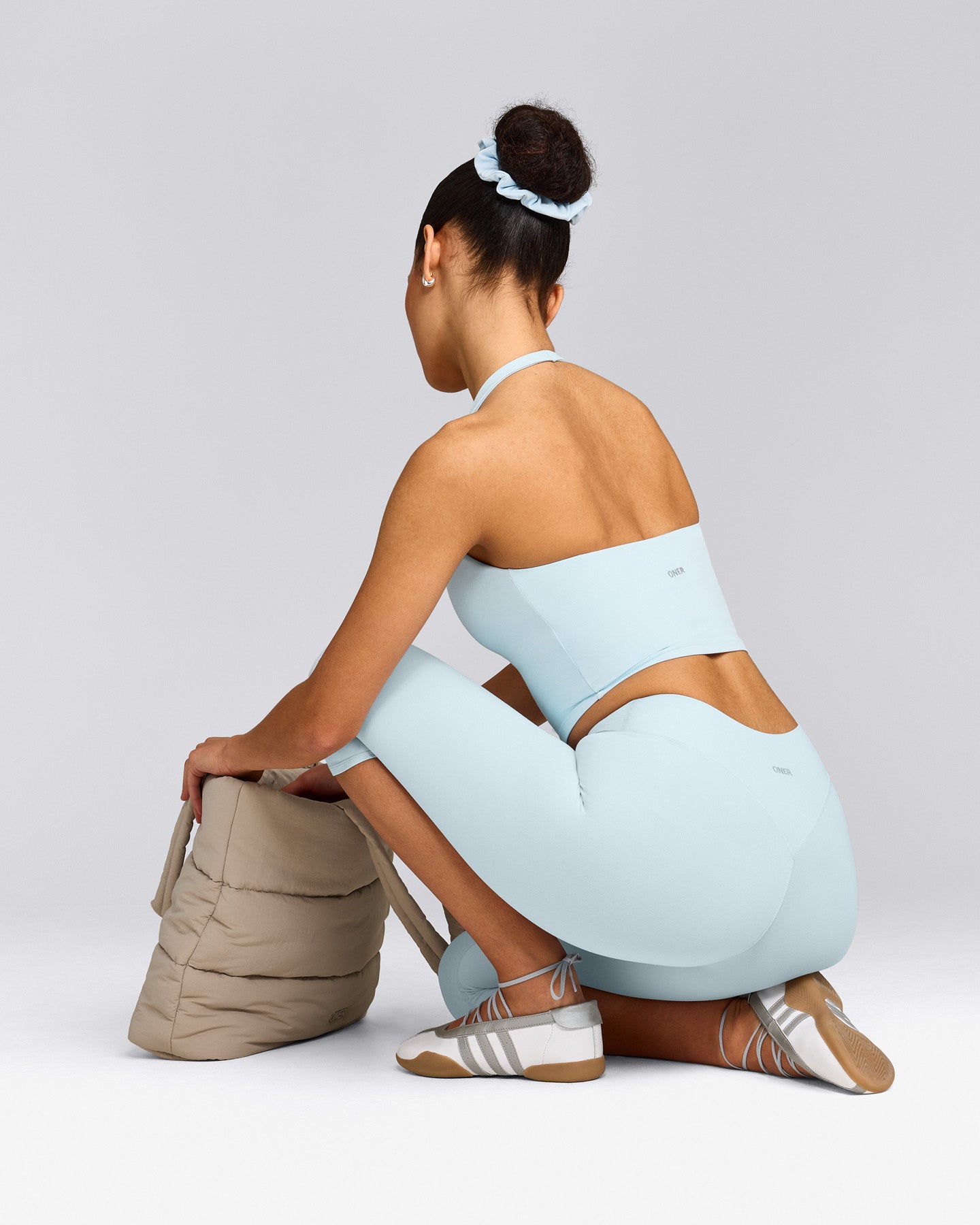 SoftMotion™ High Waisted Capri Leggings with Gray Logo | Cloud Blue