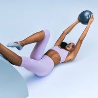 SoftMotion™ High Waisted Capri Leggings with Gray Logo | Lavender Purple